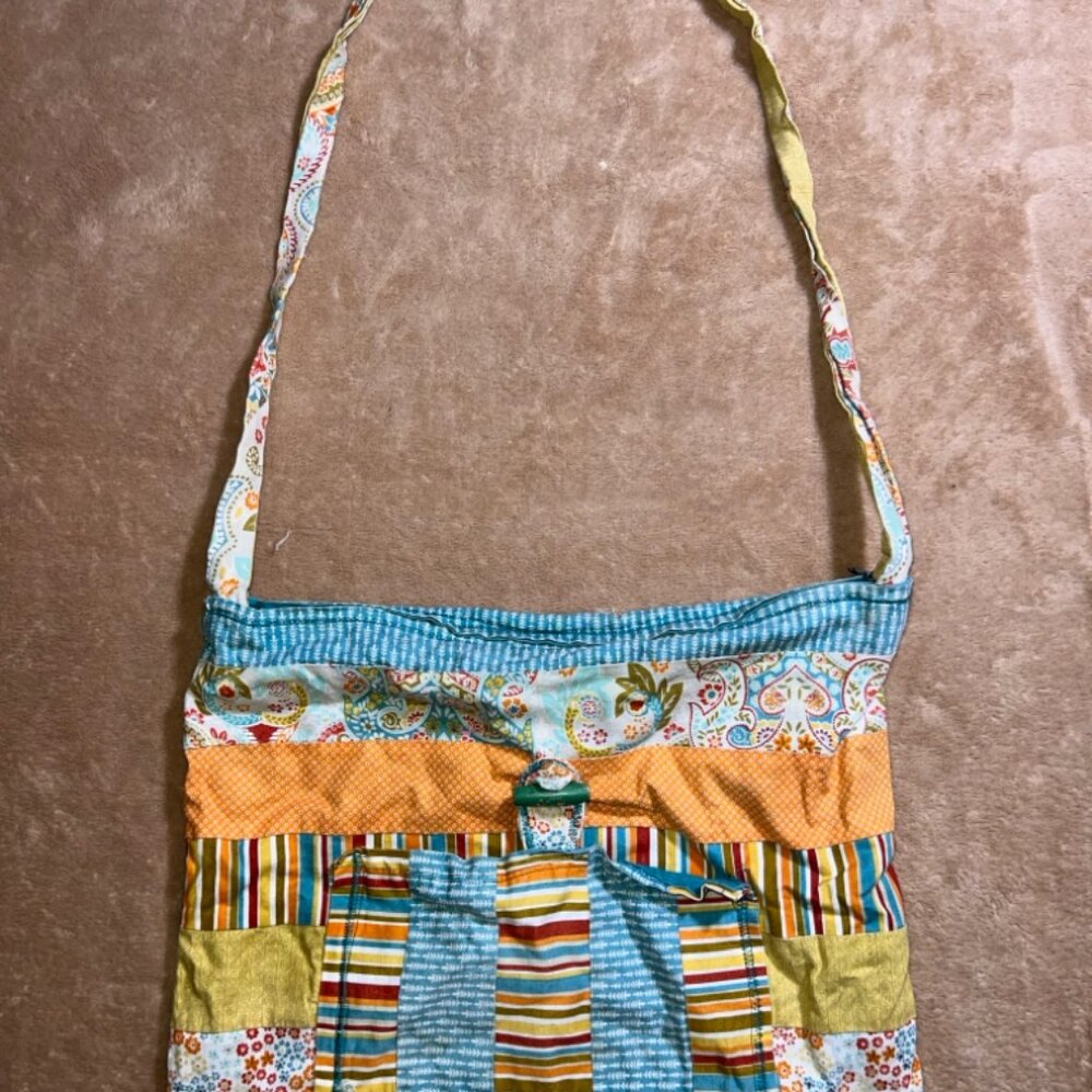 Homemade Patchwork Stripe Floral Zip Long Strap BOHO Cloth‎ Crossbody Purse (Z)